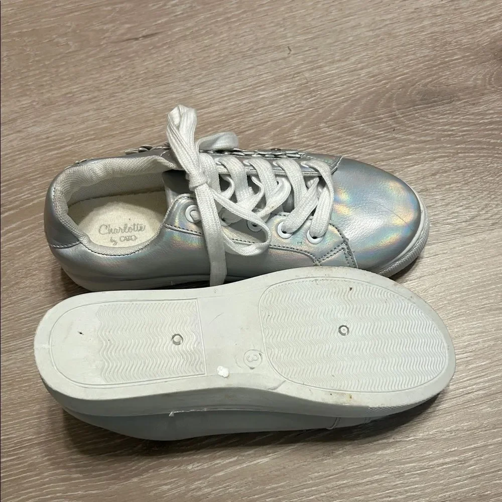 Charlotte Girls Silver Holographic Floral Embellished Sneakers Sz 3